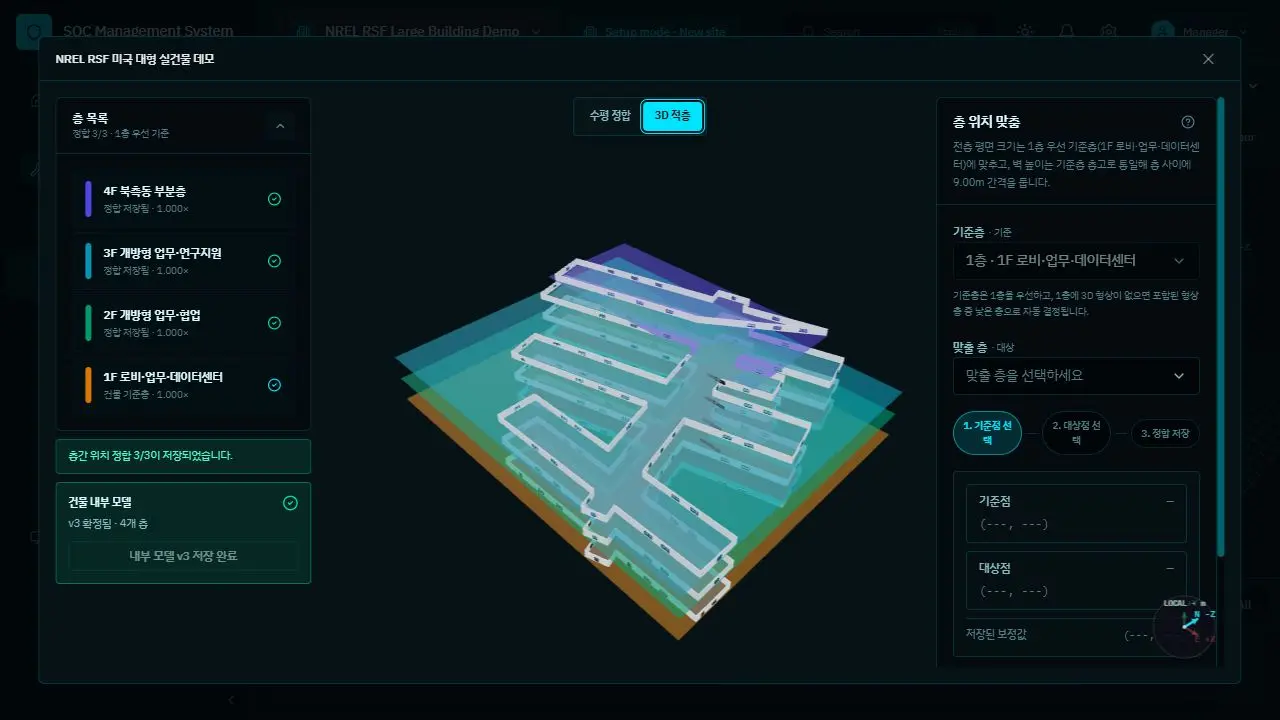 정합한 여러 층을 하나의 3D 건물 모델로 적층한 DT Lineage 화면