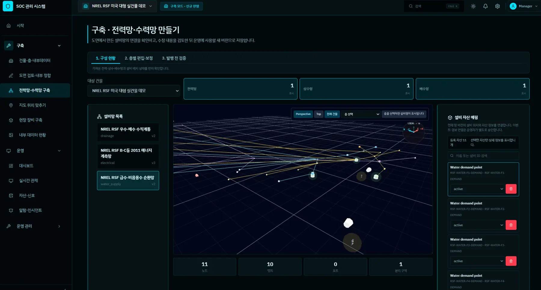 전력·상수·배수 설비망을 노드와 엣지로 구성하고 버전을 관리하는 DT Lineage 화면